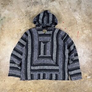 Baja Joe Hoodie Men's‎ Medium Black Gray Purple Woven Baja Pullover Surf Boho
